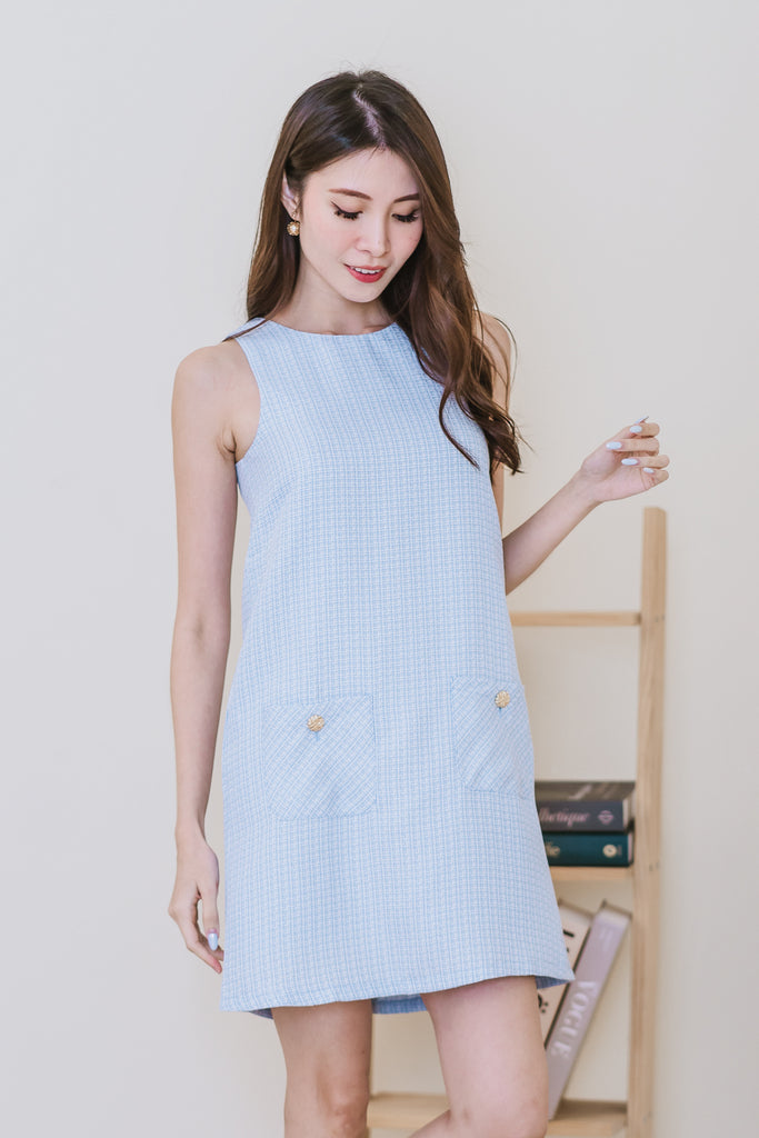 Chantel Tweed Pocket Shift Dress - Powder Blue [XS/S/M/L/XL]