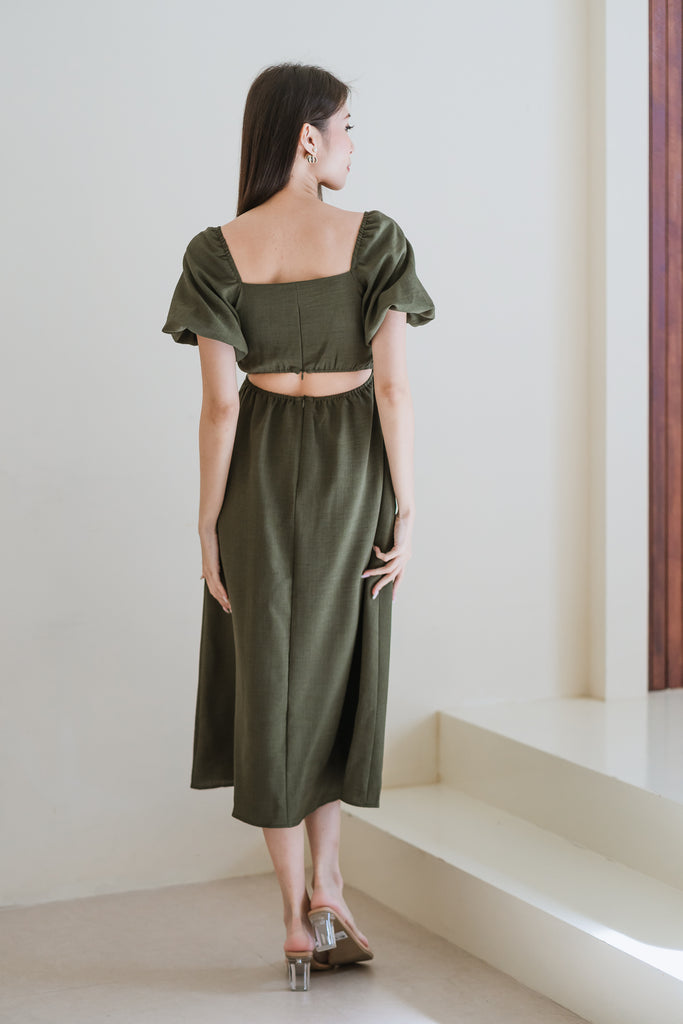 Devia Textured Puffy Sleeves Cut Out Midi Dress - Olive [ XS/S/M/L/XL/XXL]