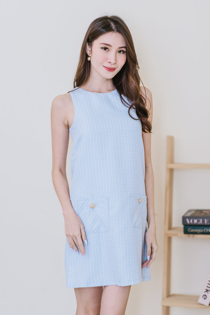 Chantel Tweed Pocket Shift Dress - Powder Blue [XS/S/M/L/XL]