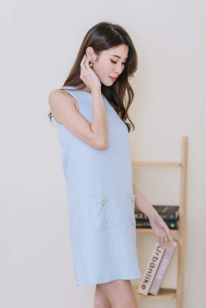 Chantel Tweed Pocket Shift Dress - Powder Blue [XS/S/M/L/XL]