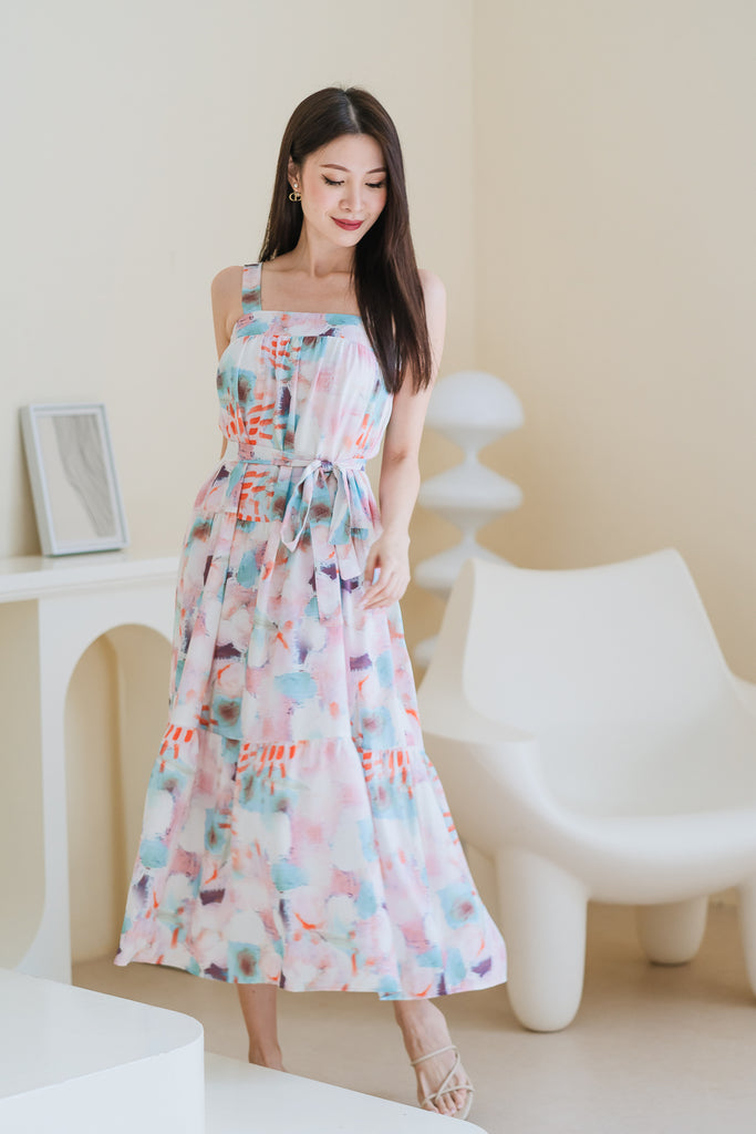 Almafi Abstract Tiered Maxi Dress - Pink [XS/S/M/L/XL]