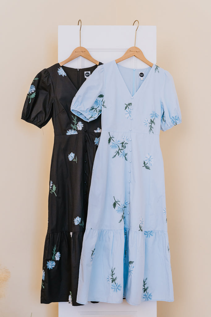 Emma Embroidery Button Maxi Dress - Light Blue [XS/S/M/L/XL/XXL]