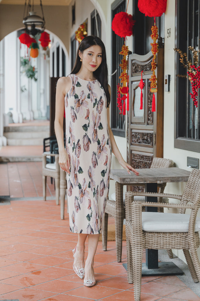 牡丹 Peony Pleated Detachable Collar Cheongsam Dress - Cream [XS/S/M/L]