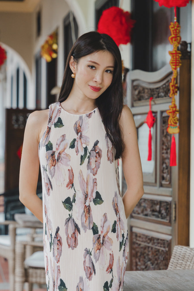 牡丹 Peony Pleated Detachable Collar Cheongsam Dress - Cream [XS/S/M/L]