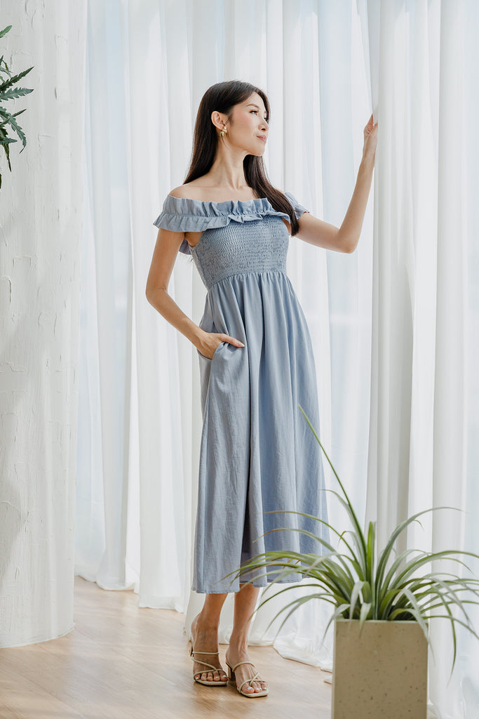 Reyna Frill Off Shoulder Maxi - Dust Blue [XS/S/M/L/XL/XXL]