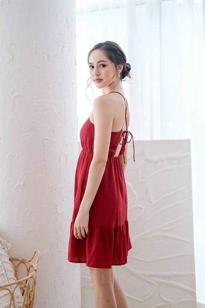 Kyla Padded Textured Spaghetti Cross-back Dress - Red [XS/S/M/L/XL]