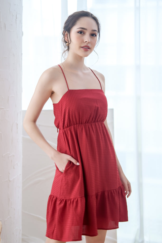 Kyla Padded Textured Spaghetti Cross-back Dress - Red [XS/S/M/L/XL]