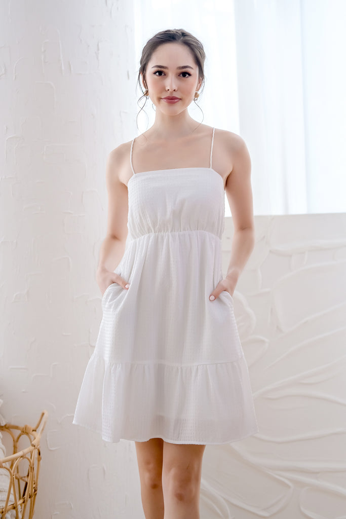 Kyla Padded Textured Spaghetti Cross-back Dress - White [XS/S/M/L/XL]