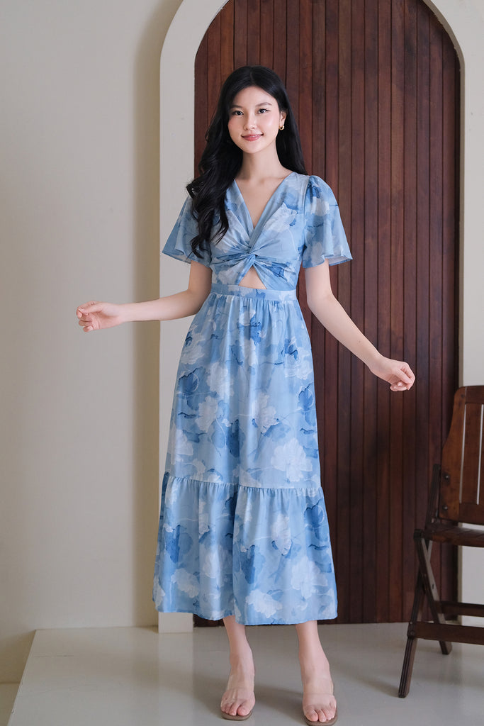 Alicia Abstract Floral Knot Cut Out Dress - Blue [XS/S/M/L/XL/XXL]