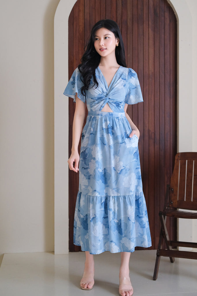 Alicia Abstract Floral Knot Cut Out Dress - Blue [XS/S/M/L/XL/XXL]