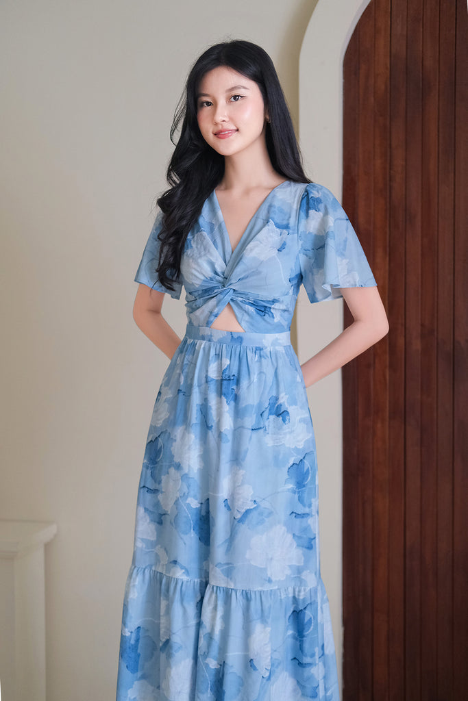 Alicia Abstract Floral Knot Cut Out Dress - Blue [XS/S/M/L/XL/XXL]