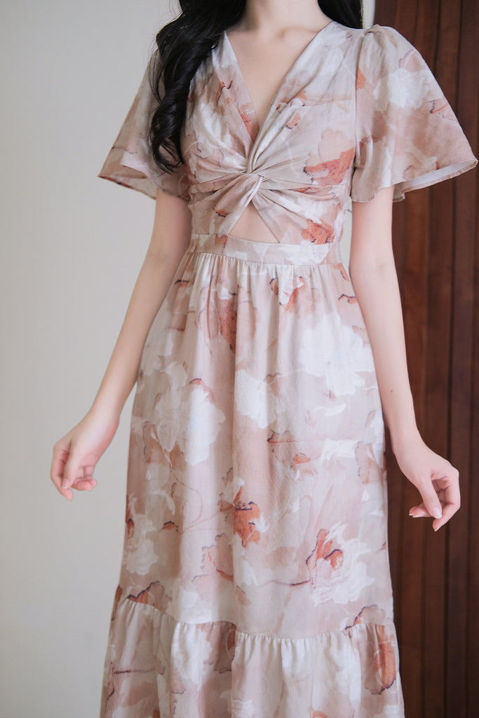 Alicia Abstract Floral Knot Cut Out Dress - Brown [XS/S/M/L/XL/XXL]