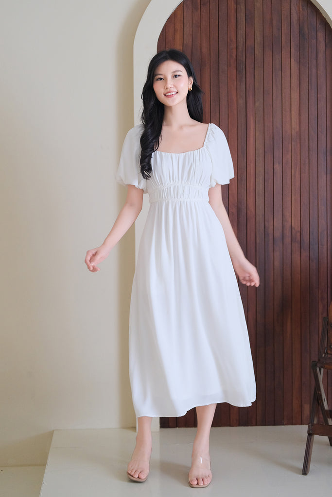 Locell Puffy Sleeves Ruched Waist Dress - White [XS/S/M/L/XL/XXL]