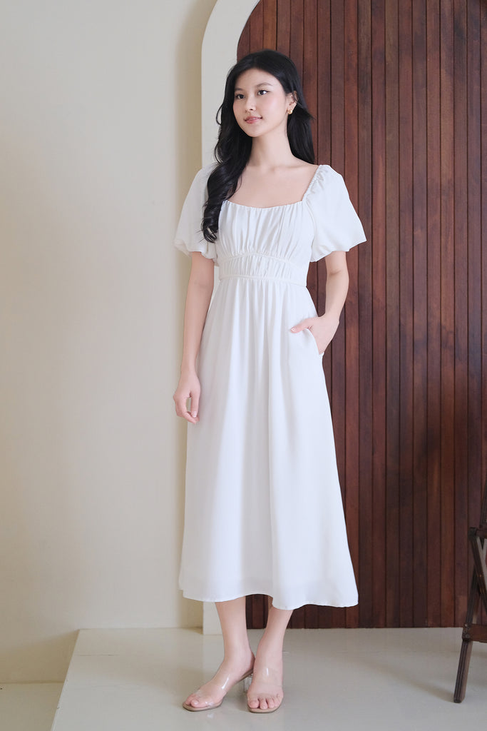 Locell Puffy Sleeves Ruched Waist Dress - White [XS/S/M/L/XL/XXL]