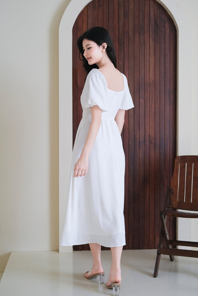 Locell Puffy Sleeves Ruched Waist Dress - White [XS/S/M/L/XL/XXL]