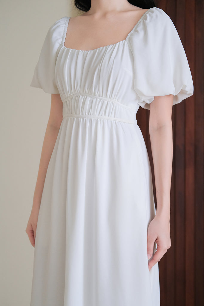 Locell Puffy Sleeves Ruched Waist Dress - White [XS/S/M/L/XL/XXL]