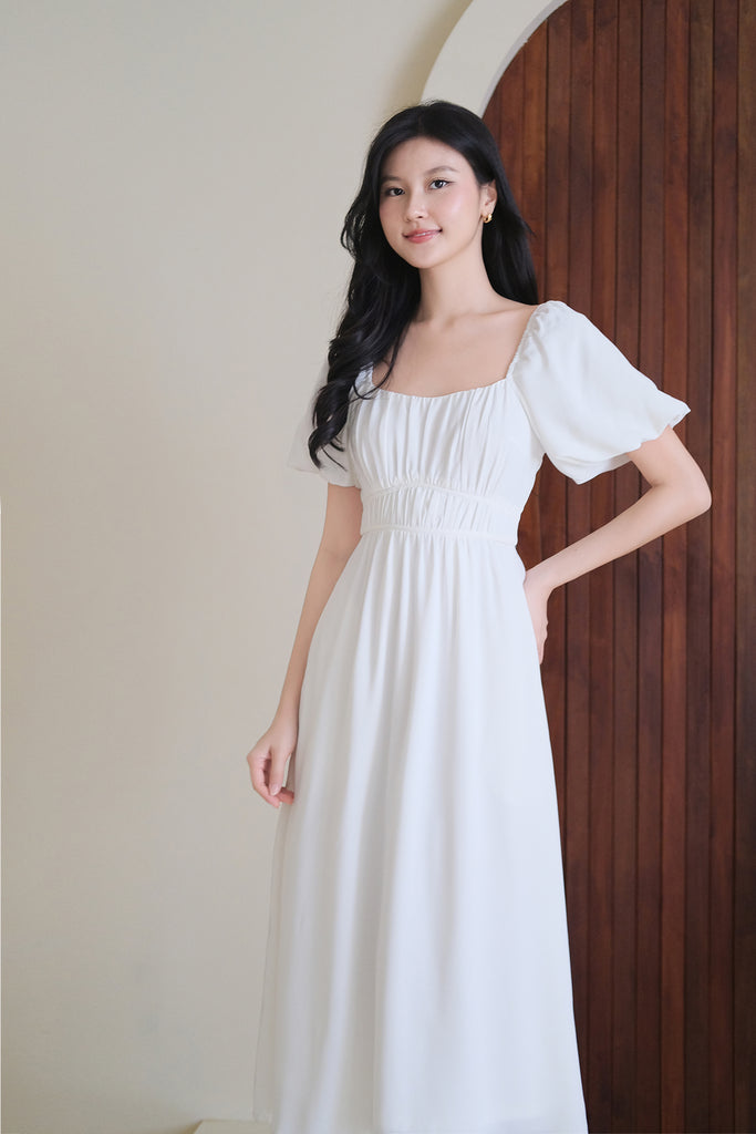 Locell Puffy Sleeves Ruched Waist Dress - White [XS/S/M/L/XL/XXL]