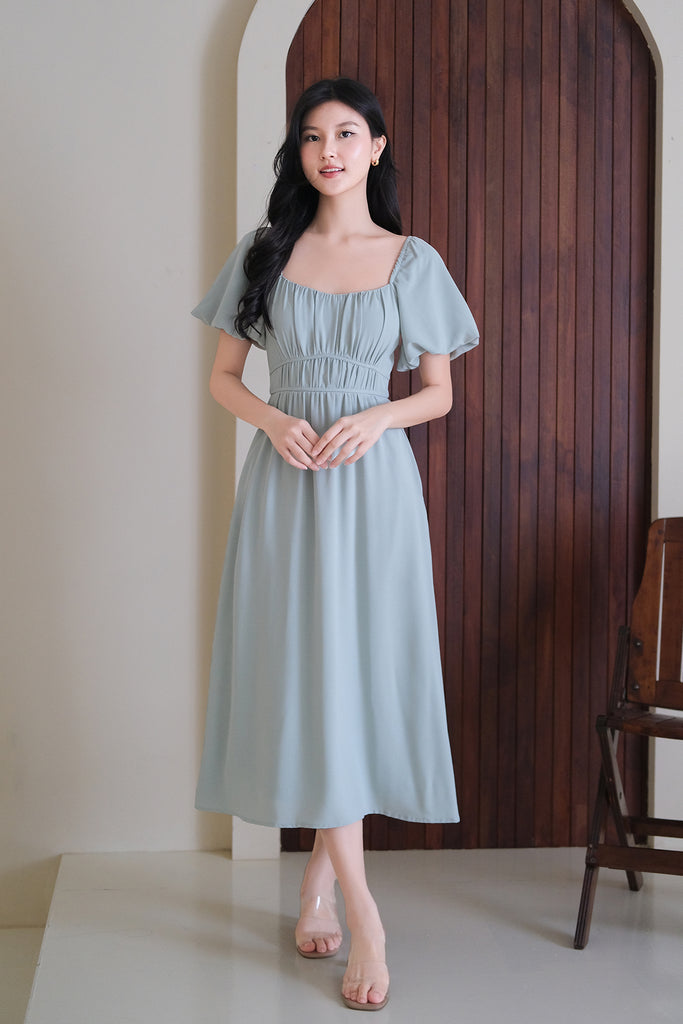 Locell Puffy Sleeves Ruched Waist Dress - Tea Green [XS/S/M/L/XL/XXL]