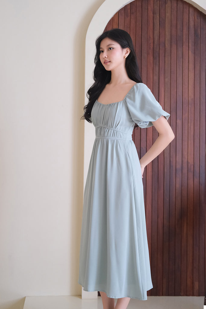 Locell Puffy Sleeves Ruched Waist Dress - Tea Green [XS/S/M/L/XL/XXL]