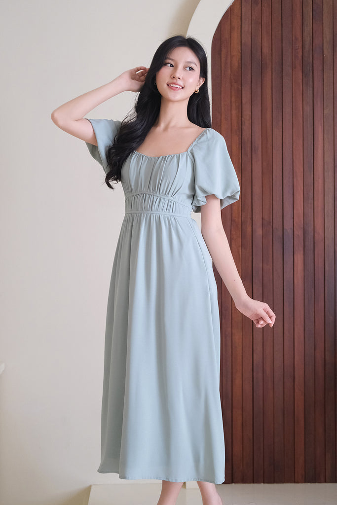 Locell Puffy Sleeves Ruched Waist Dress - Tea Green [XS/S/M/L/XL/XXL]