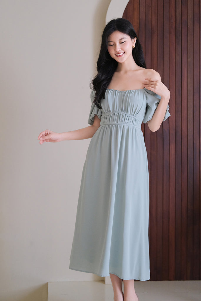 Locell Puffy Sleeves Ruched Waist Dress - Tea Green [XS/S/M/L/XL/XXL]