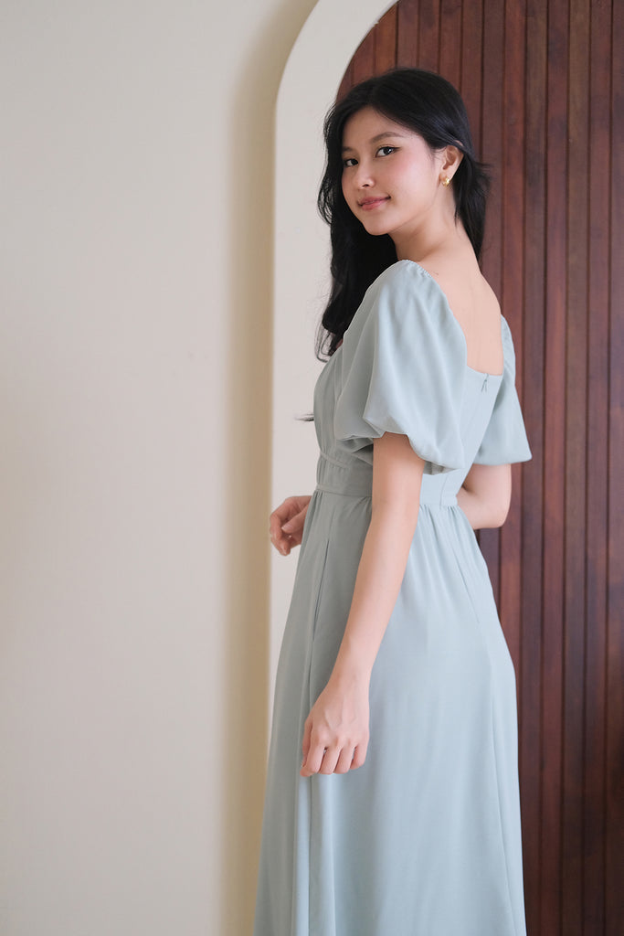 Locell Puffy Sleeves Ruched Waist Dress - Tea Green [XS/S/M/L/XL/XXL]