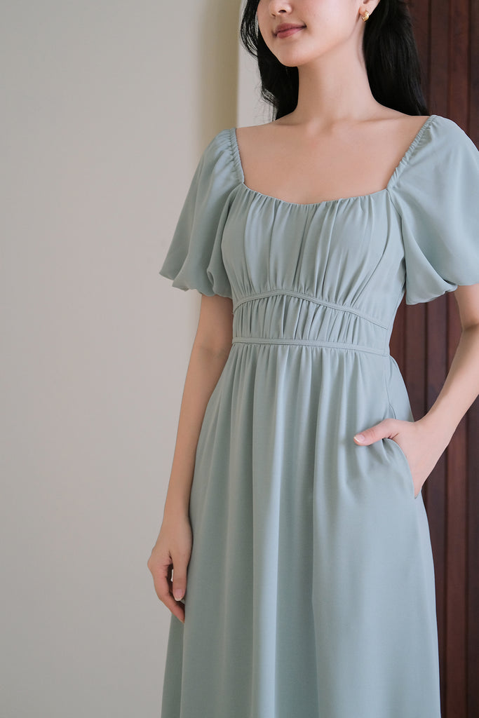 Locell Puffy Sleeves Ruched Waist Dress - Tea Green [XS/S/M/L/XL/XXL]