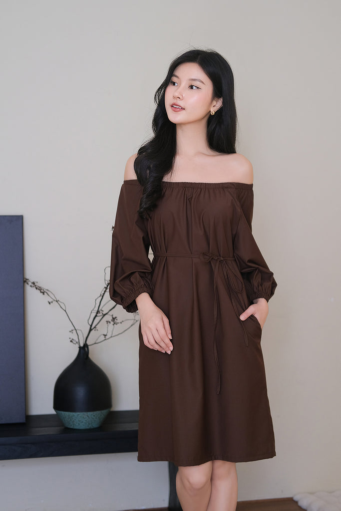 Olivia Off Shoulder Two-Way Dress - Espresso [XS/S/M/L/XL/XXL]