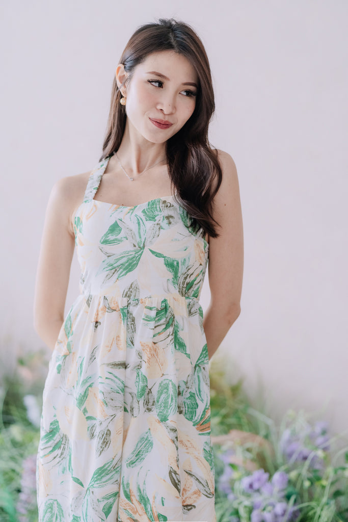Claudia Padded Cross Back Jumpsuit - Green Floral [XS/S/M/L/XL]