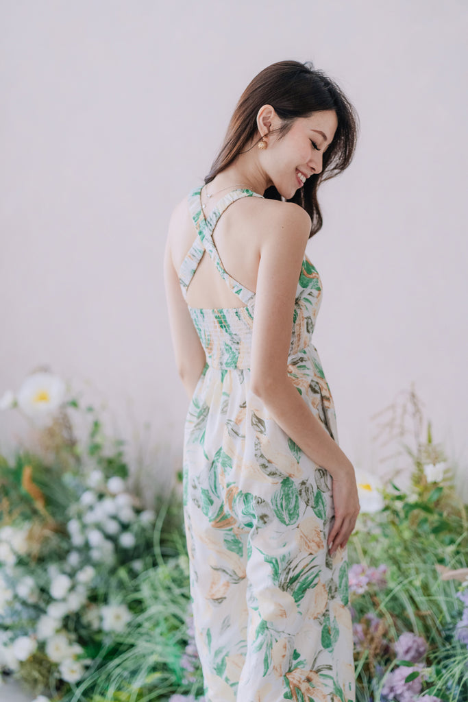 Claudia Padded Cross Back Jumpsuit - Green Floral [XS/S/M/L/XL]