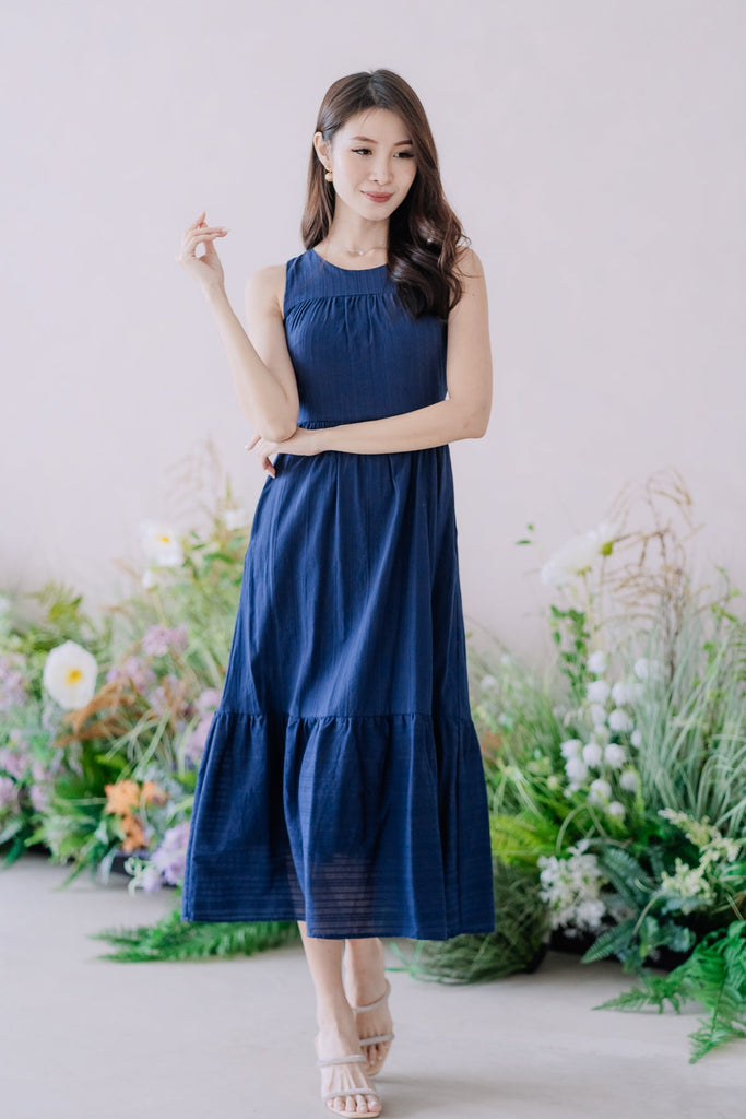 Back Order: Colina Lattice Eyelet Tier Maxi Dress - Navy [XS/S/M/L/XL/XXL]