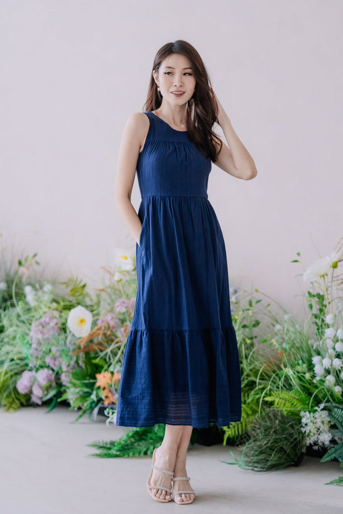 Back Order: Colina Lattice Eyelet Tier Maxi Dress - Navy [XS/S/M/L/XL/XXL]