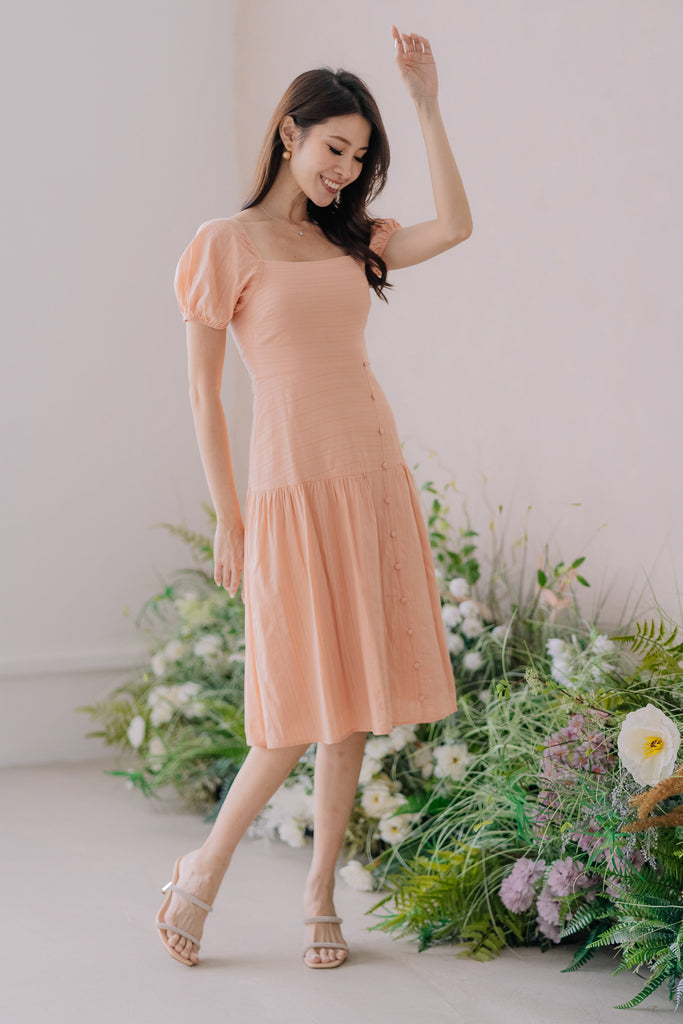 Camellia Lattice Eyelet Button Dress - Peach [XS/S/M/L/XL]