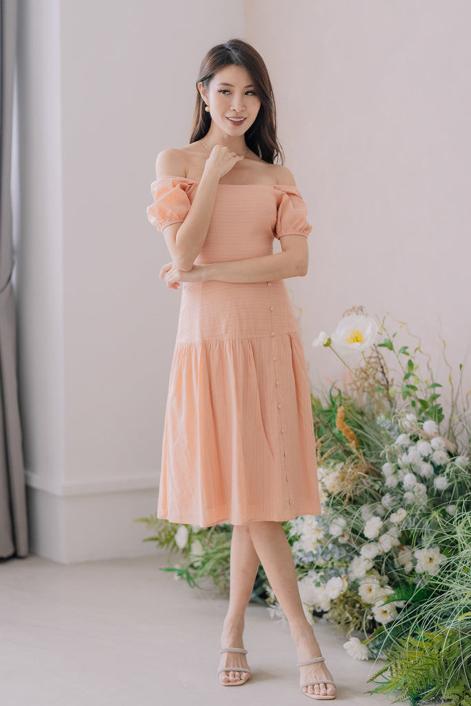 Camellia Lattice Eyelet Button Dress - Peach [XS/S/M/L/XL]