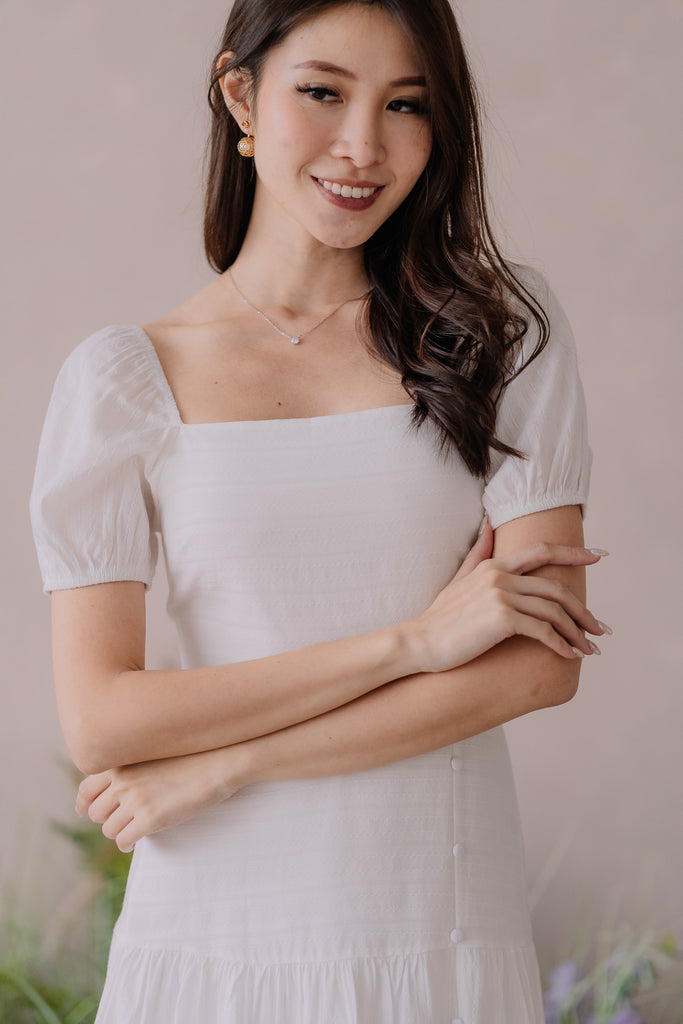 Camellia Lattice Eyelet Button Dress - White [XS/S/M/L/XL]