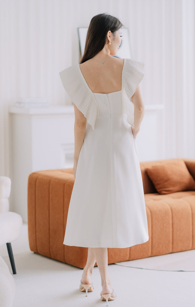 Dover Pleated Ruffle Midi Dress  - White [XS/S/M/L/XL]