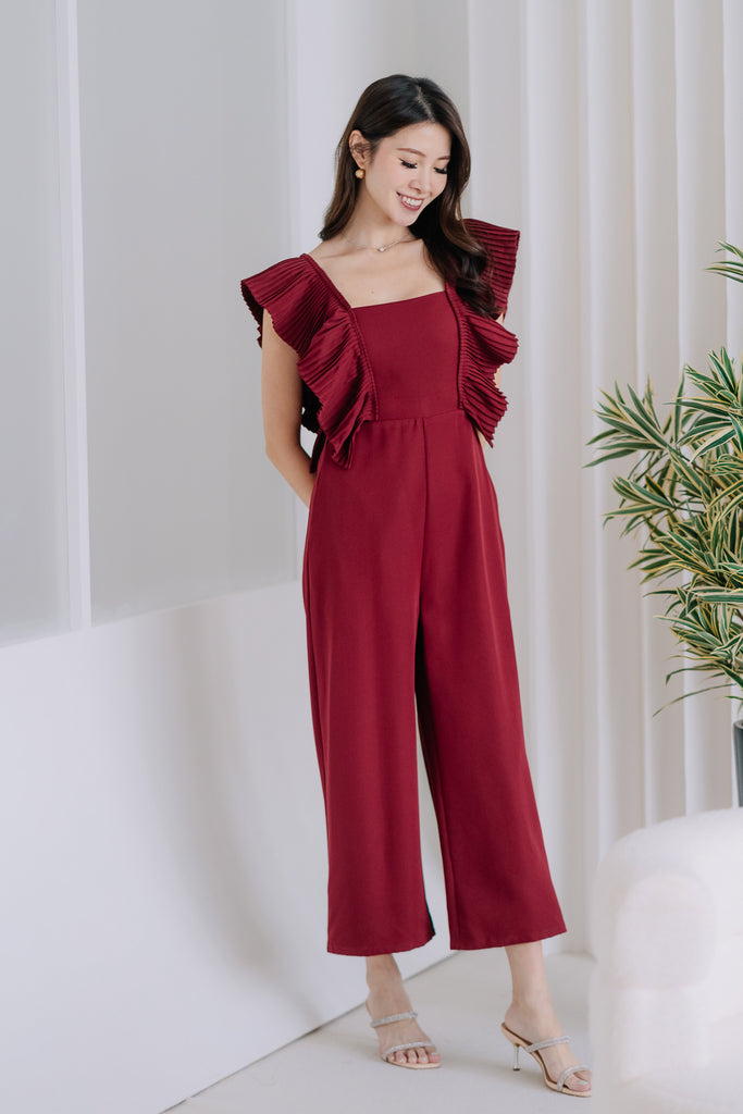 Dover Pleated Ruffle Jumpsuit - Wine [XS/S/M/L/XL]