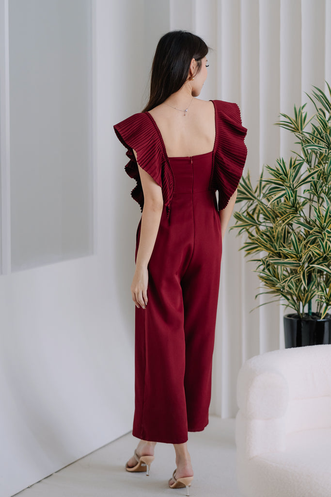 Dover Pleated Ruffle Jumpsuit - Wine [XS/S/M/L/XL]