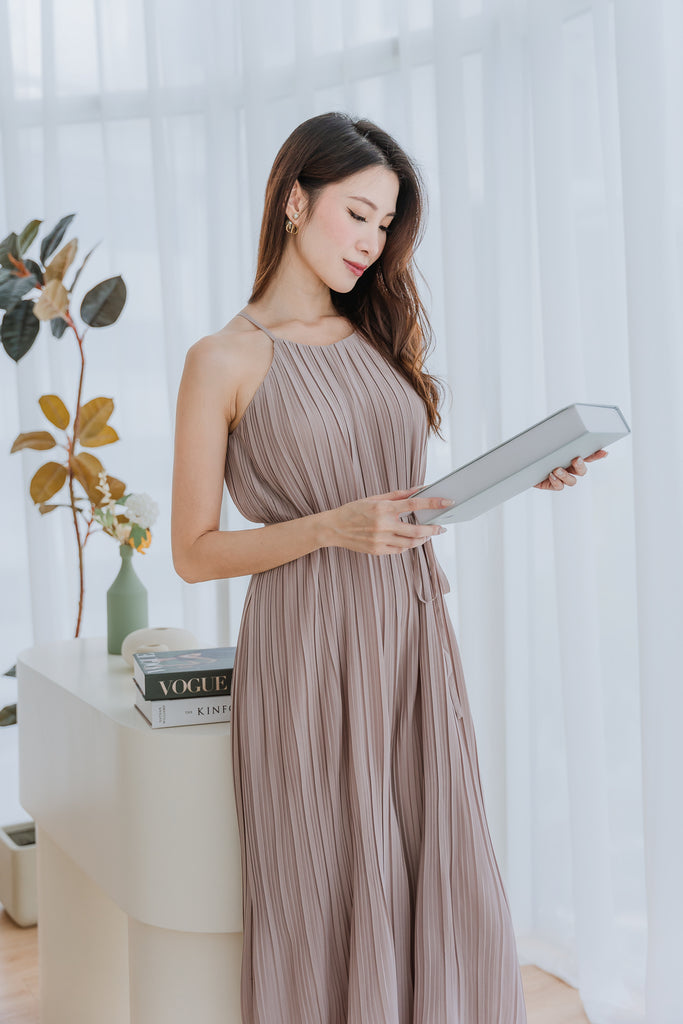 Miyake Pleated Flare Jumpsuit - Taupe [XS/S/M/L/XL]