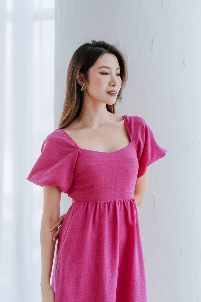 Devia Textured Puffy Sleeves Cut Out Midi Dress - Hot Pink [ XS/S/M/L/XL/XXL]