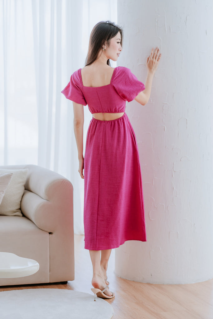 Devia Textured Puffy Sleeves Cut Out Midi Dress - Hot Pink [ XS/S/M/L/XL/XXL]