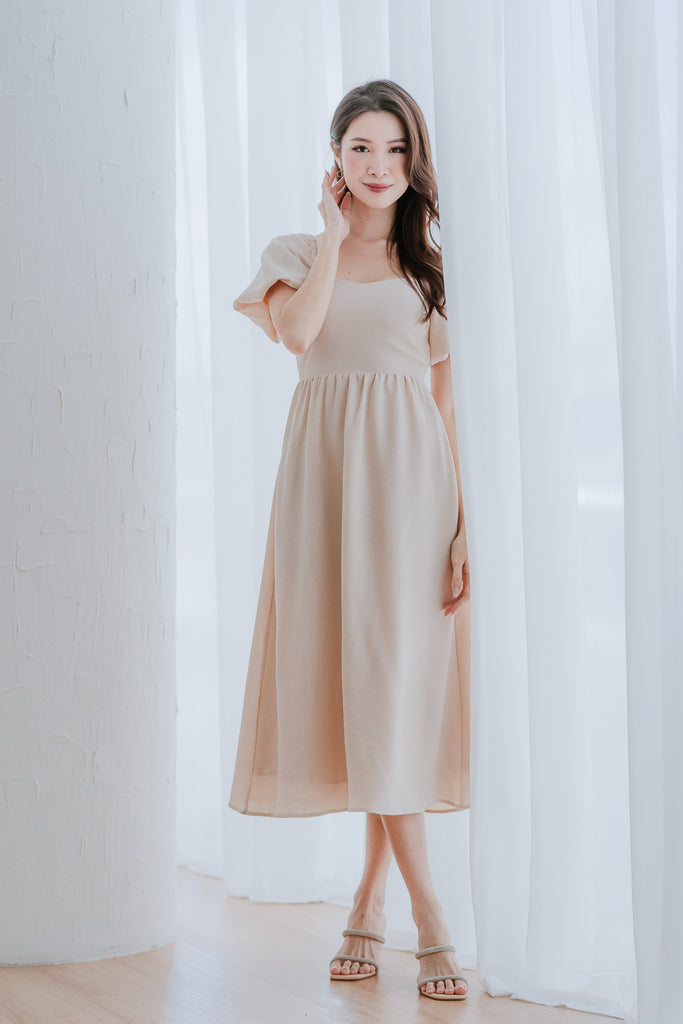 Devia Textured Puffy Sleeves Cut Out Midi Dress - Ecru [ XS/S/M/L/XL/XXL]