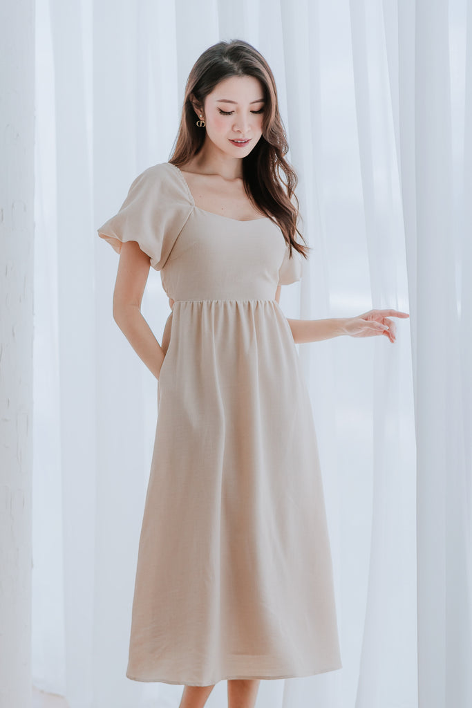 Devia Textured Puffy Sleeves Cut Out Midi Dress - Ecru [ XS/S/M/L/XL/XXL]