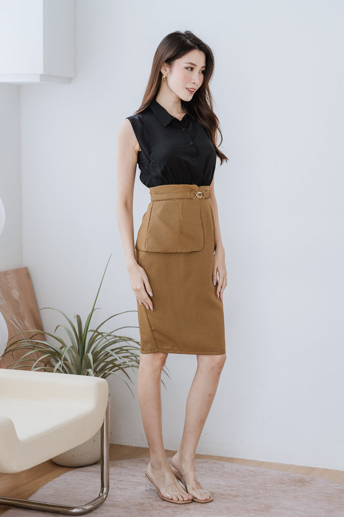 Edele Detachable Peplum Belt Dress - Black / Camel [XS/S/M/L/XL]