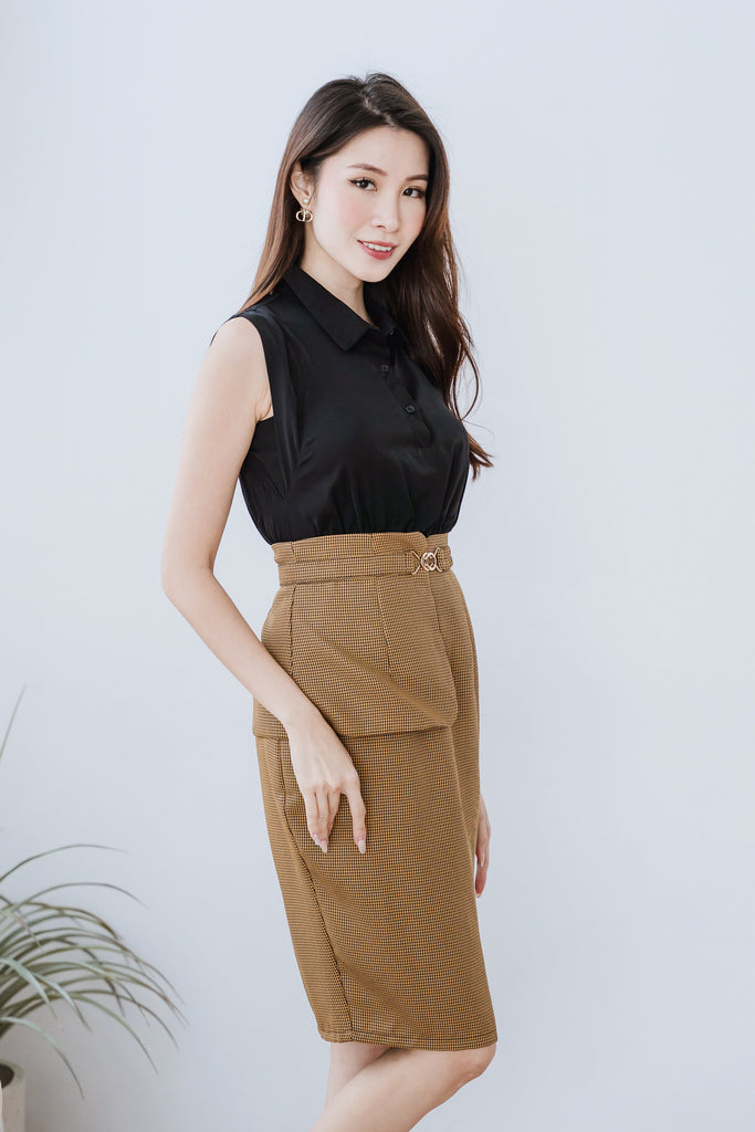 Edele Detachable Peplum Belt Dress - Black / Camel [XS/S/M/L/XL]