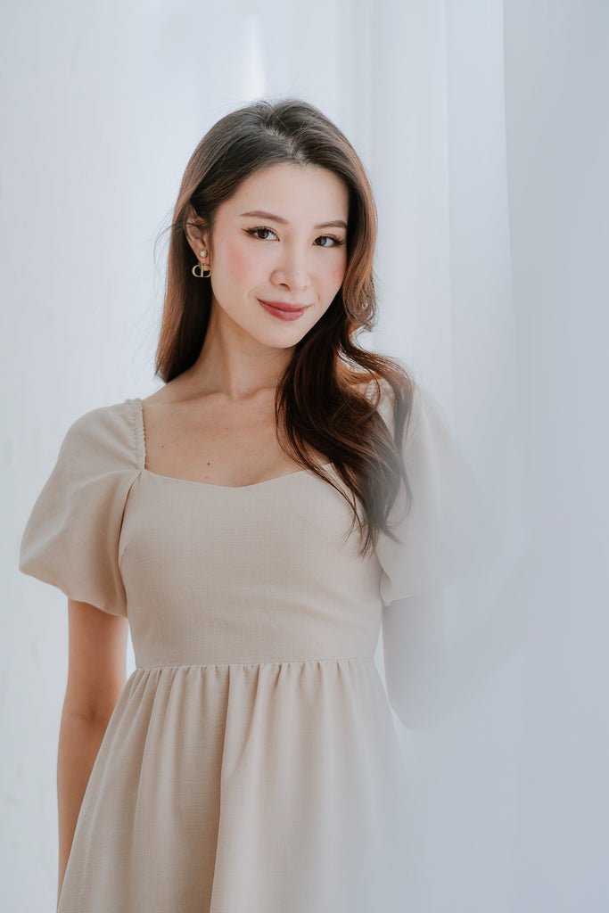 Devia Textured Puffy Sleeves Cut Out Midi Dress - Ecru [ XS/S/M/L/XL/XXL]