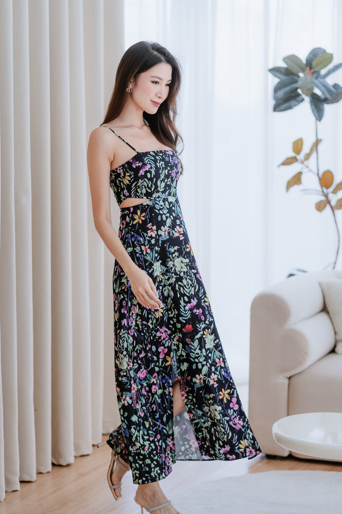 Serpenti Floral Cut Out Slit Dress - Black [XS/S/M/L/XL]