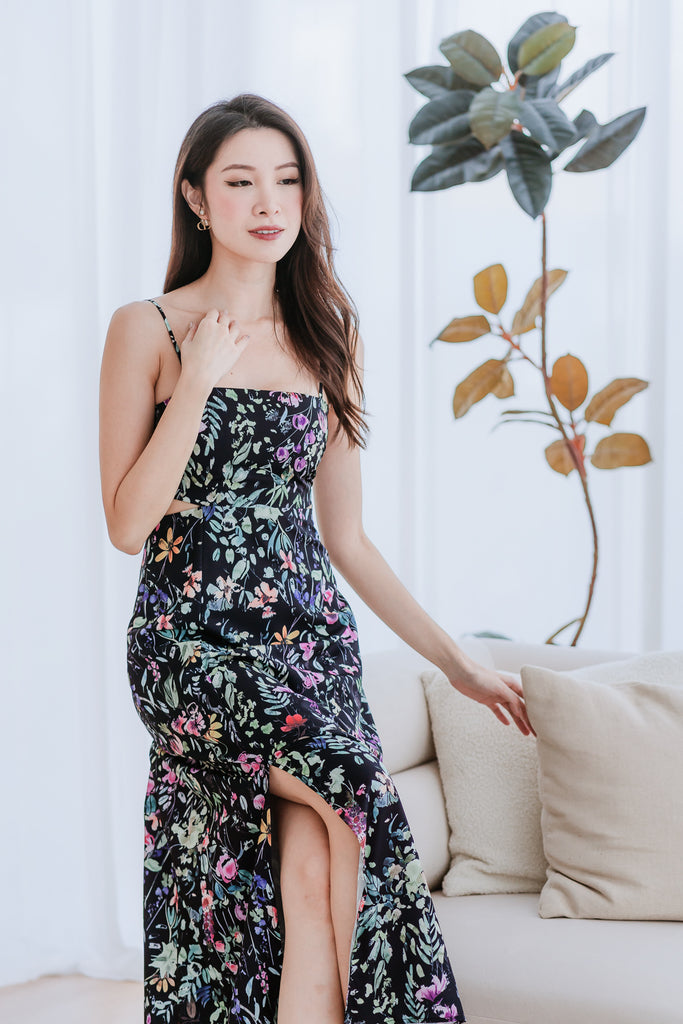 Serpenti Floral Cut Out Slit Dress - Black [XS/S/M/L/XL]
