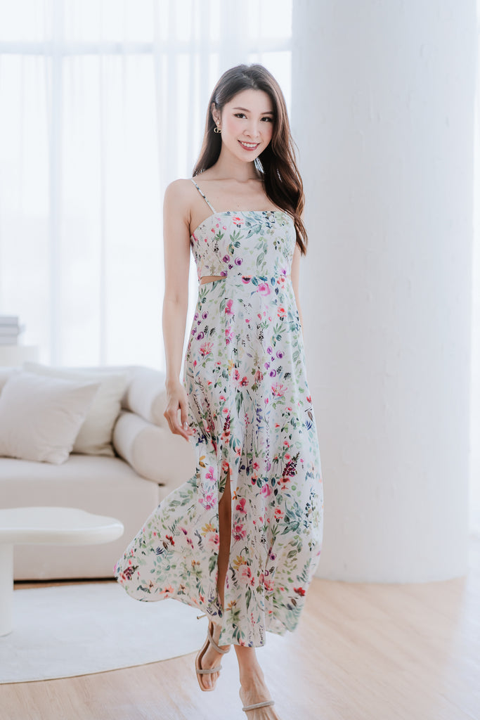 Serpenti Floral Cut Out Slit Dress - White [XS/S/M/L/XL]