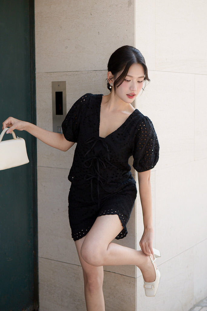 Cora Eyelet Tie Blouse - Black [XS/S/M/L/XL/XXL]